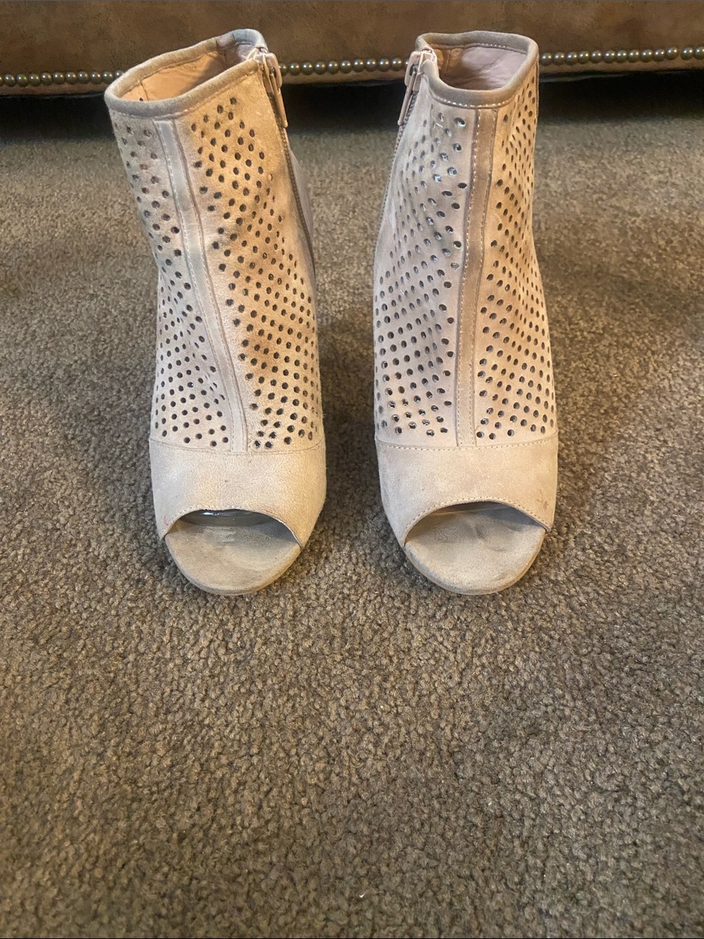 Audrey Brooke Beige Perforated Peep-Toe Ankle Booties